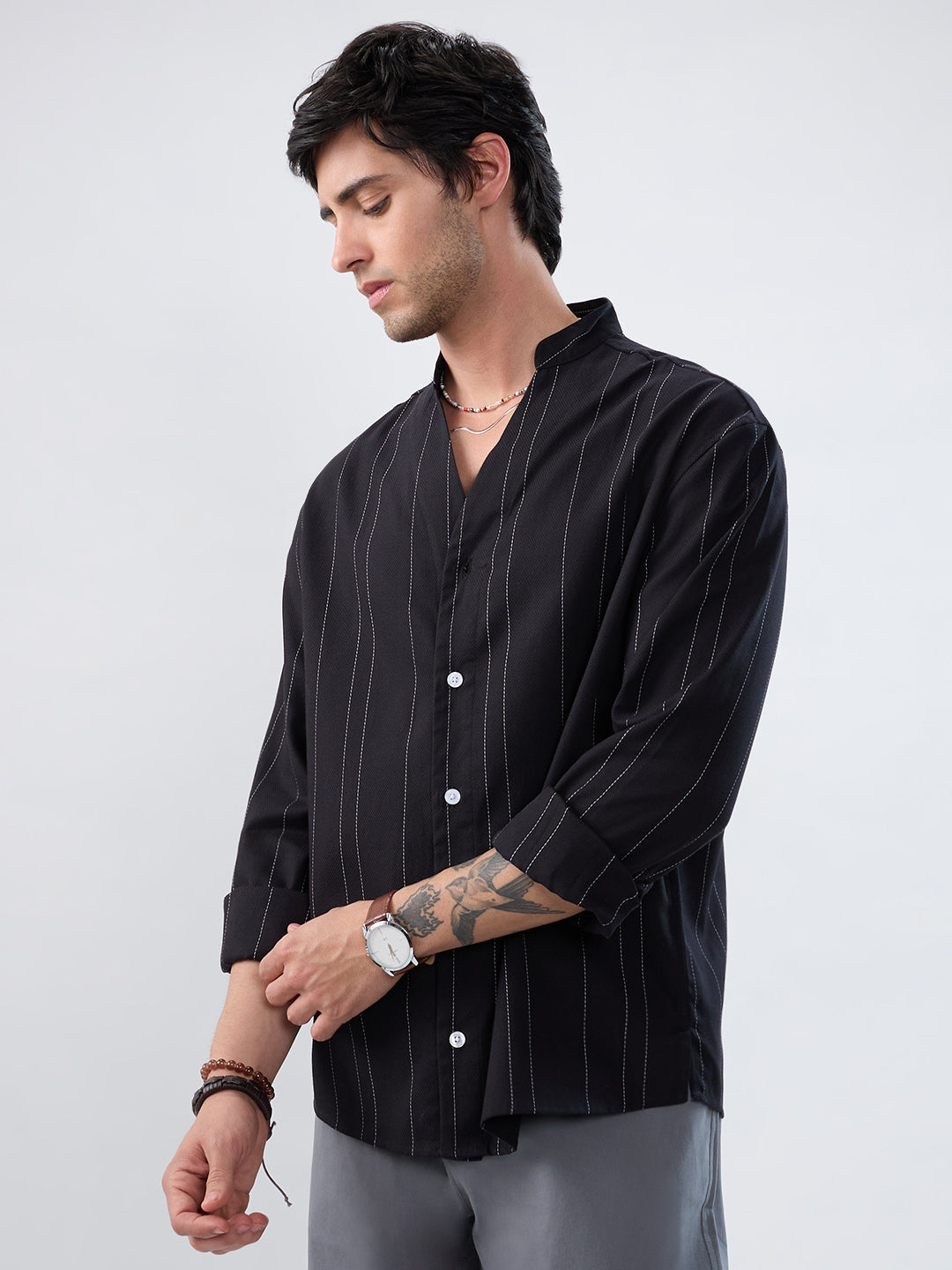 Refined Black Pinstripe Stand-Collar Oversized Shirt