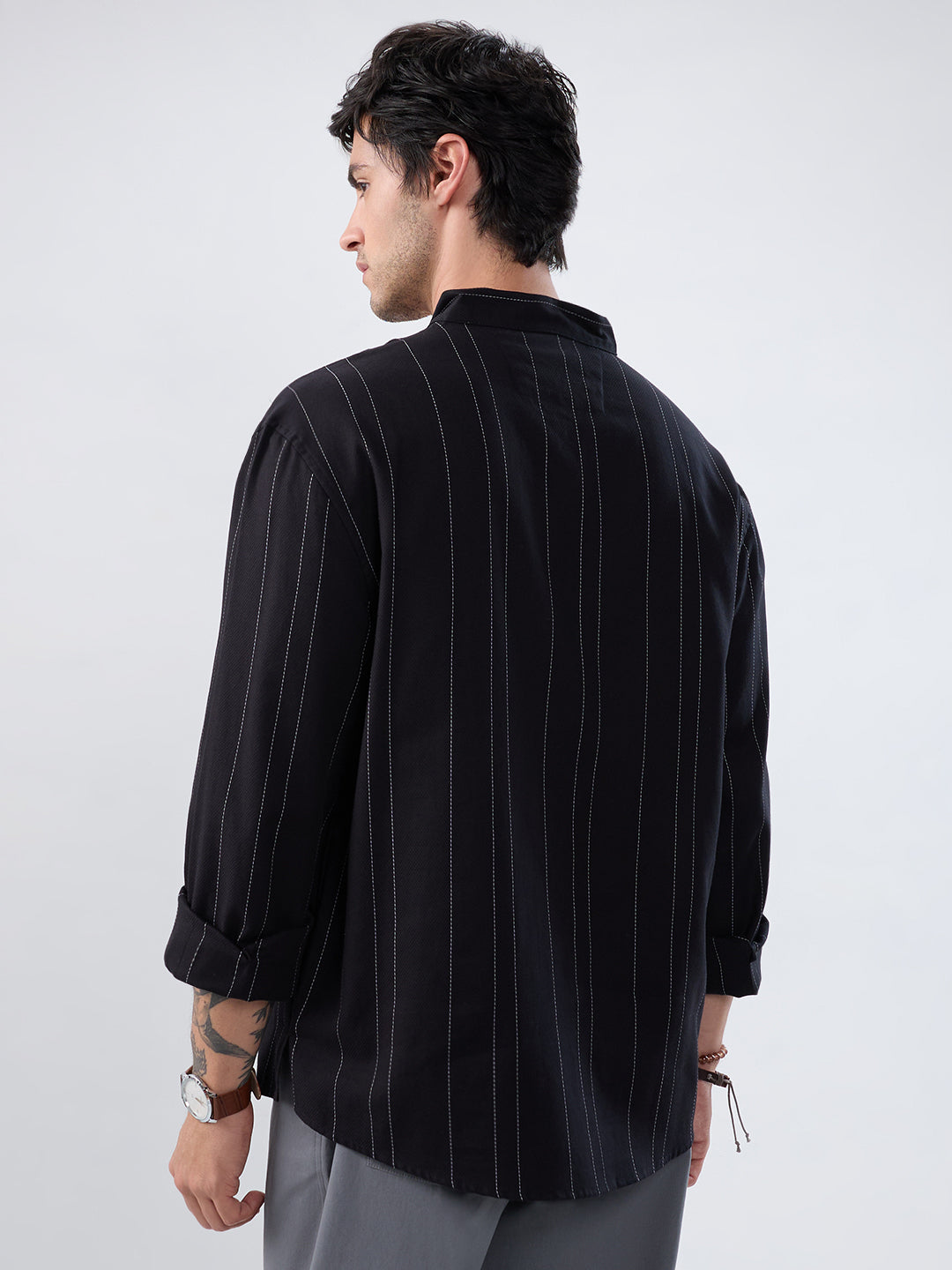 Refined Black Pinstripe Stand-Collar Oversized Shirt