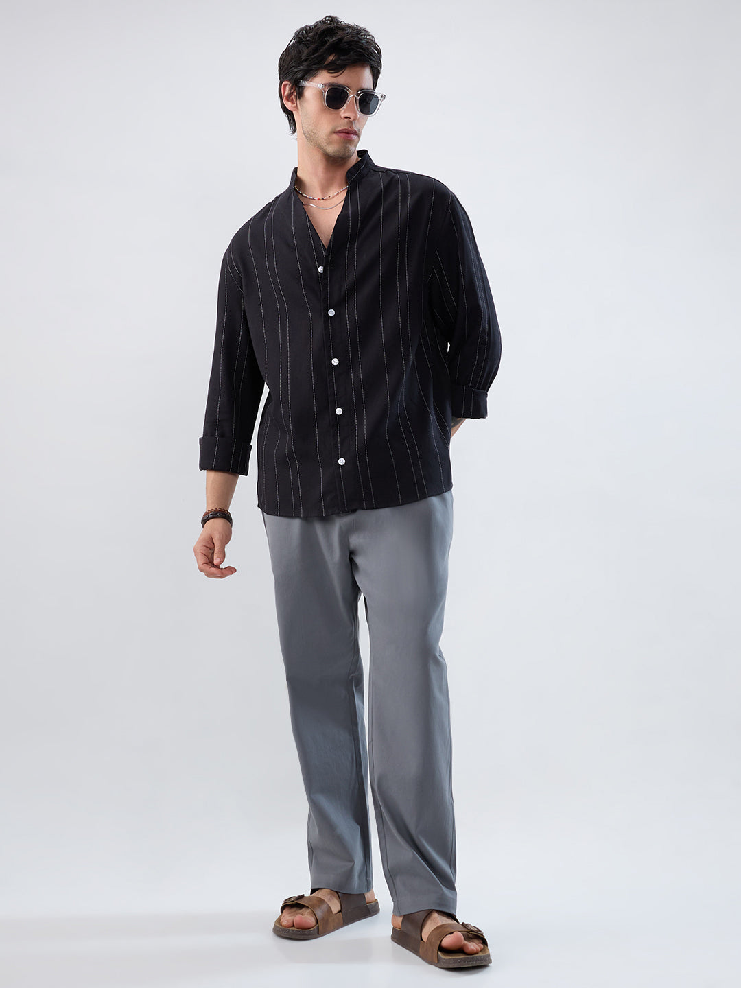 Refined Black Pinstripe Stand-Collar Oversized Shirt