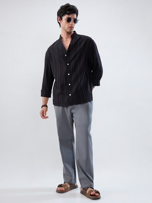 Refined Black Pinstripe Stand-Collar Oversized Shirt