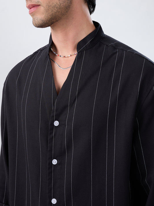 Refined Black Pinstripe Stand-Collar Oversized Shirt