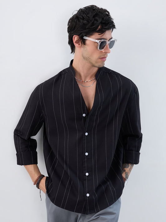 Refined Black Pinstripe Stand-Collar Oversized Shirt