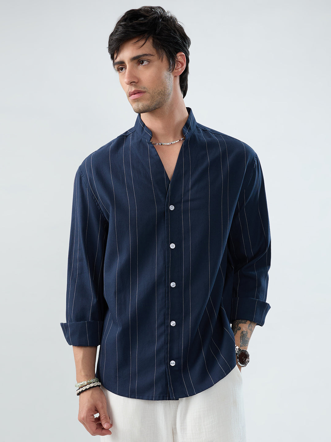 Refined Navy Pinstripe Stand-Collar Oversized Shirt