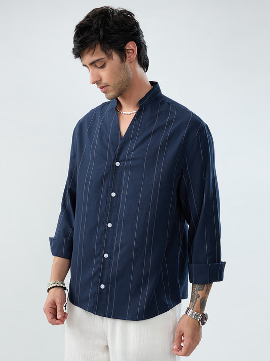 Refined Navy Pinstripe Stand-Collar Oversized Shirt