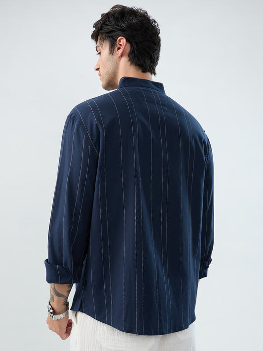 Refined Navy Pinstripe Stand-Collar Oversized Shirt