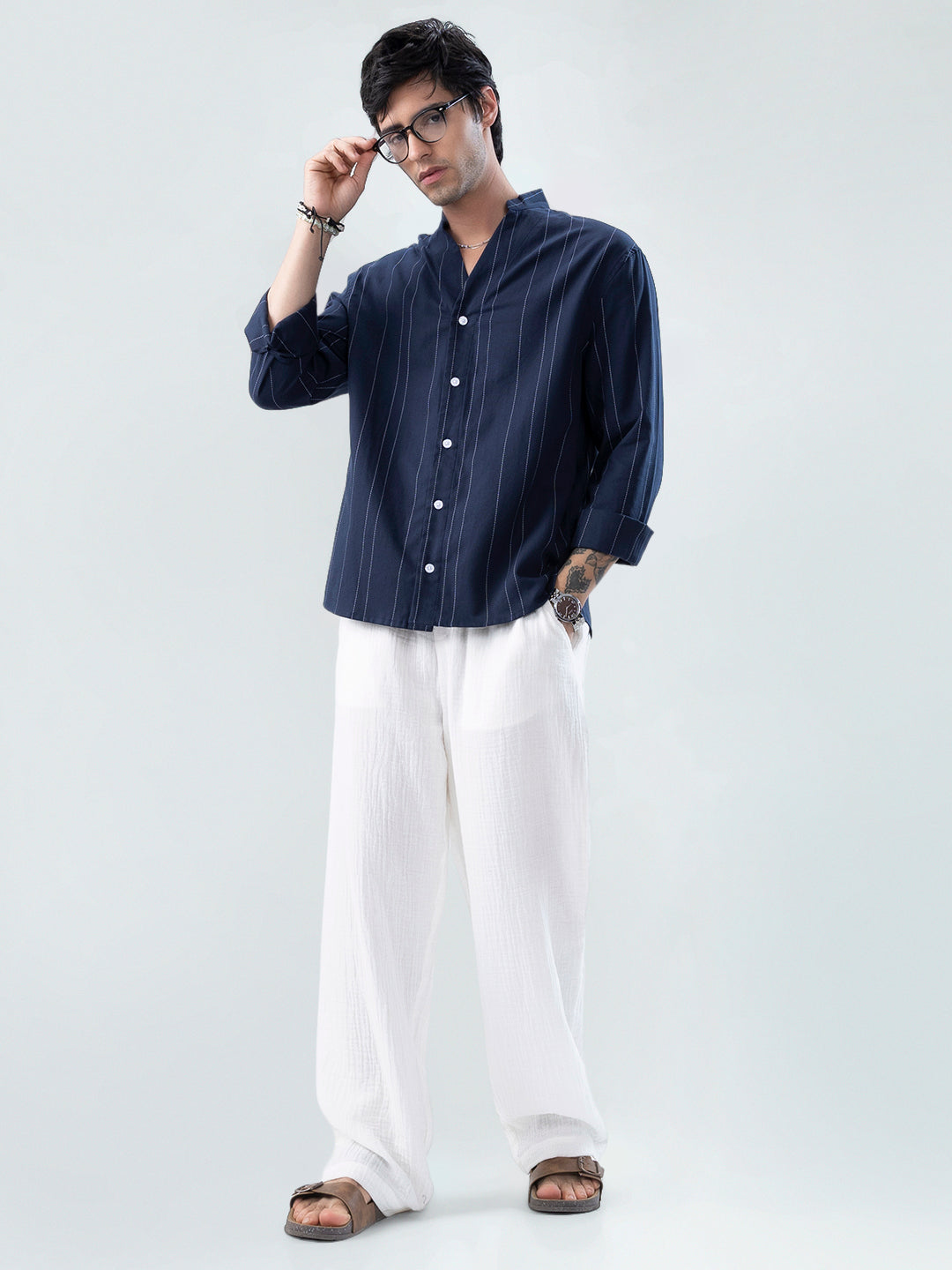Refined Navy Pinstripe Stand-Collar Oversized Shirt