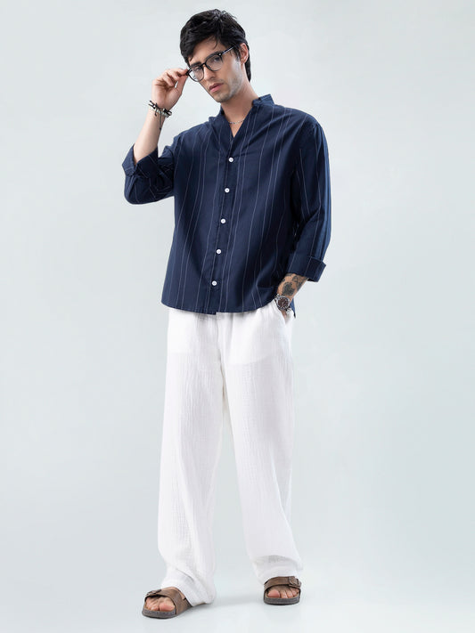 Refined Navy Pinstripe Stand-Collar Oversized Shirt
