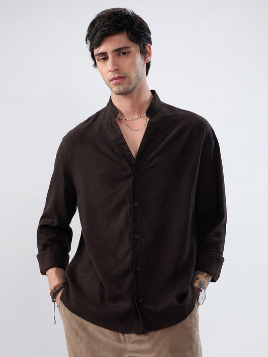 Premium Cocoa Motif Weave Linen Blend Stand-Collar Oversized Shirt