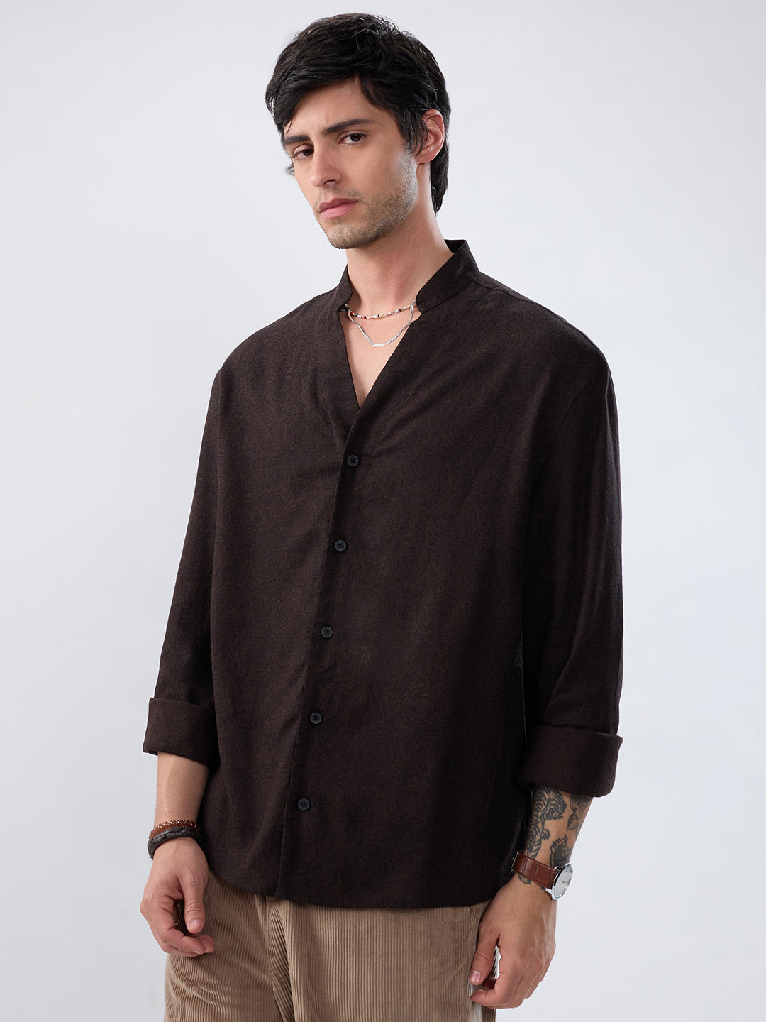 Premium Cocoa Motif Weave Linen Blend Stand-Collar Oversized Shirt