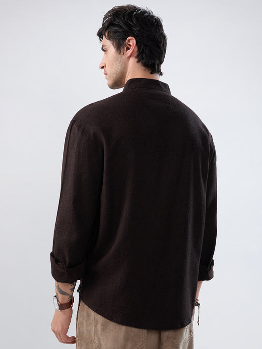 Premium Cocoa Motif Weave Linen Blend Stand-Collar Oversized Shirt
