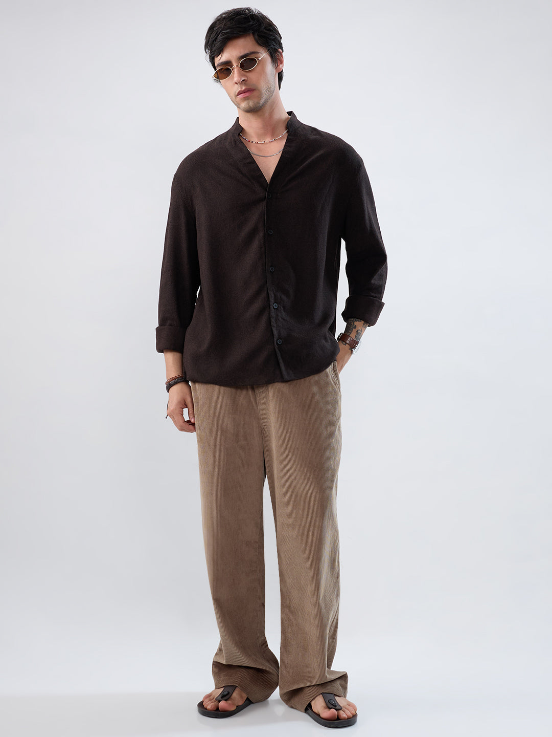 Premium Cocoa Motif Weave Linen Blend Stand-Collar Oversized Shirt