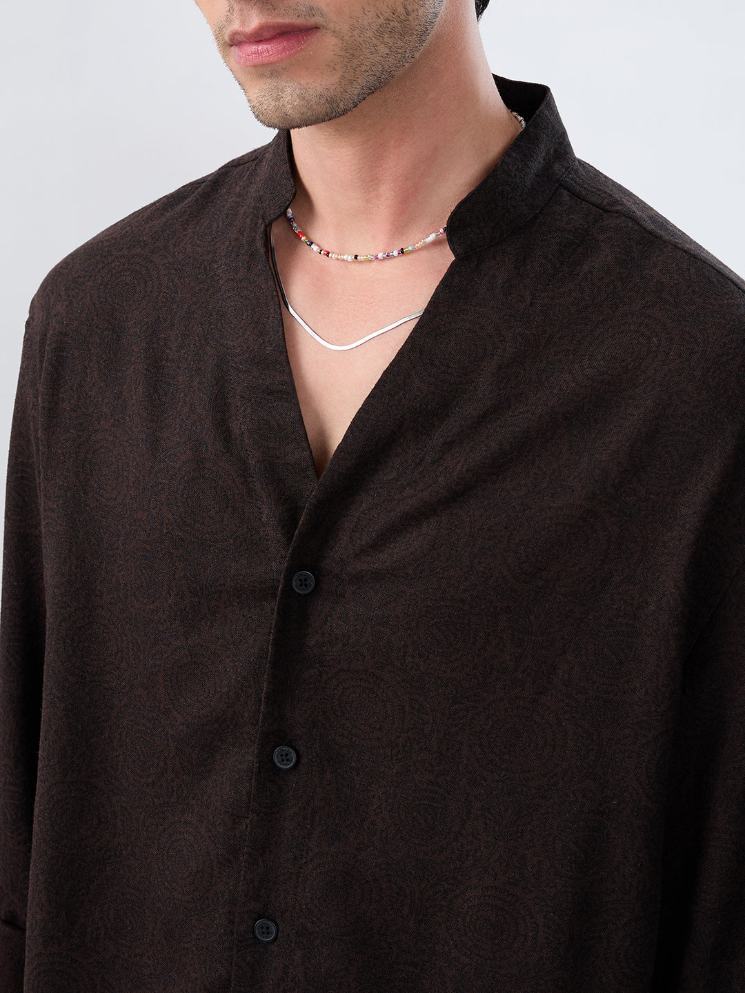 Premium Cocoa Motif Weave Linen Blend Stand-Collar Oversized Shirt