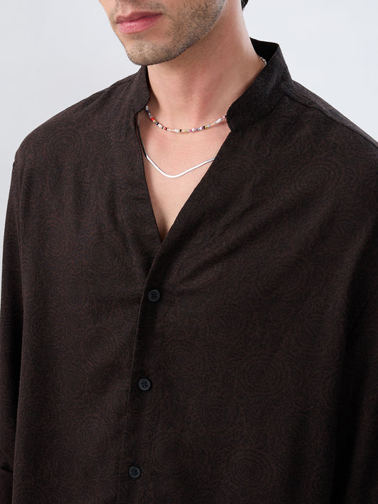 Premium Cocoa Motif Weave Linen Blend Stand-Collar Oversized Shirt