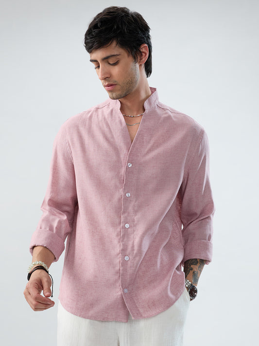 Han Pink Linen Blend Stand-Collar Oversized Shirt