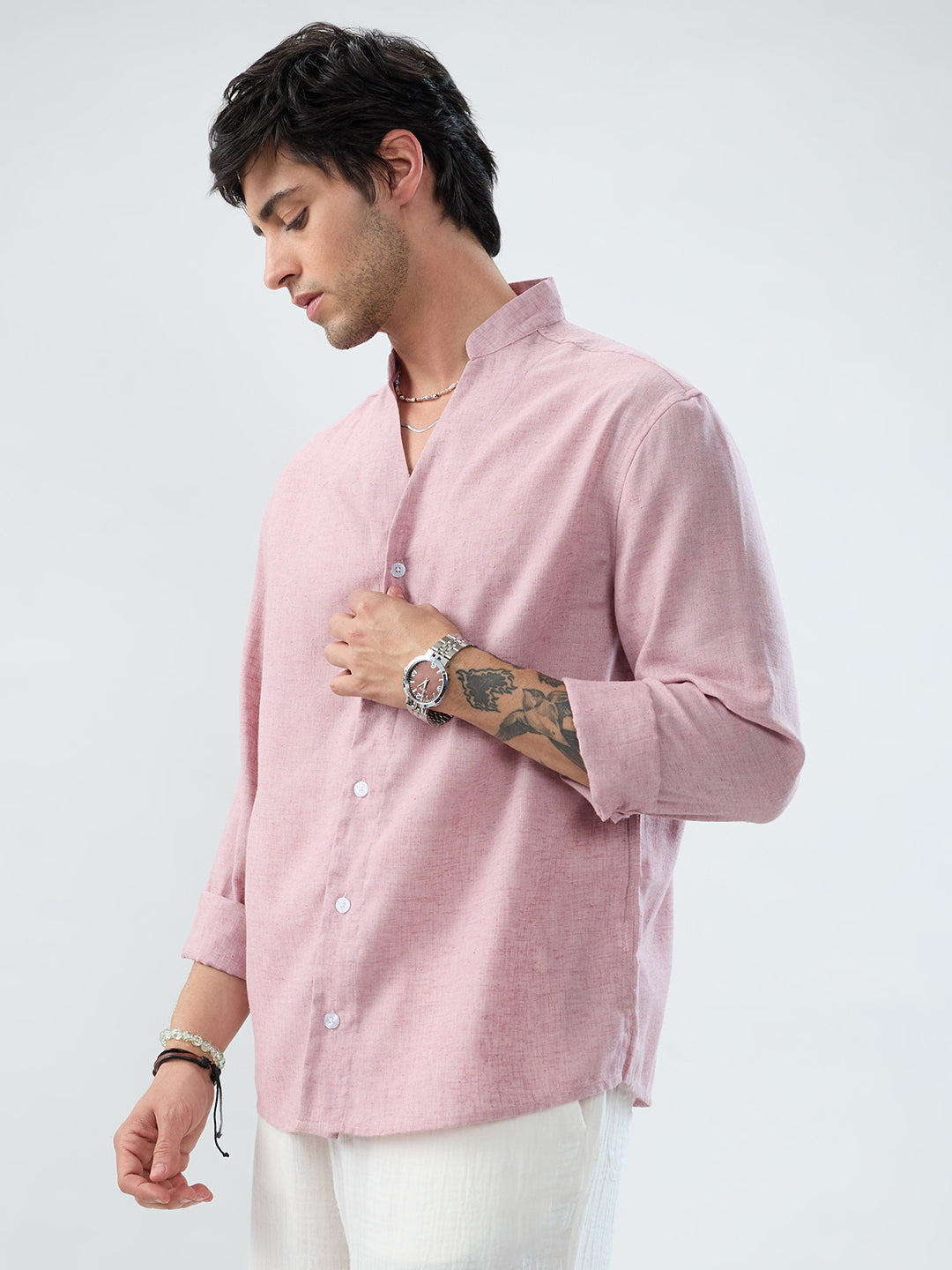 Han Pink Linen Blend Stand-Collar Oversized Shirt