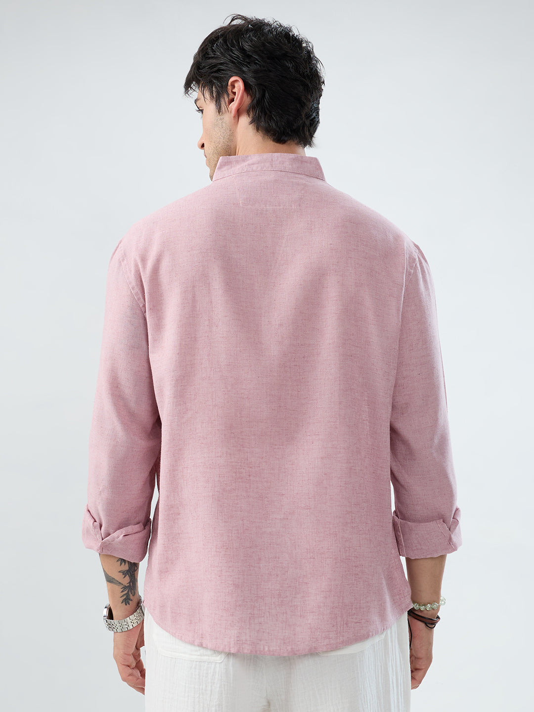 Han Pink Linen Blend Stand-Collar Oversized Shirt