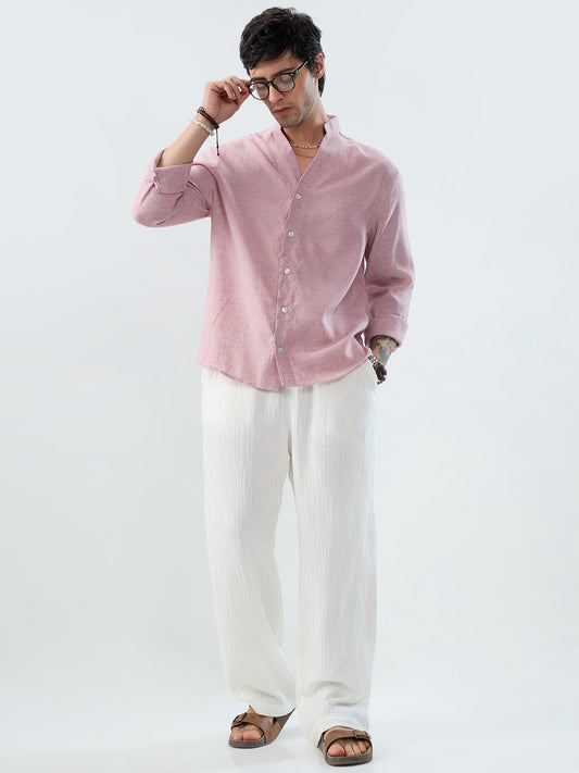 Han Pink Linen Blend Stand-Collar Oversized Shirt