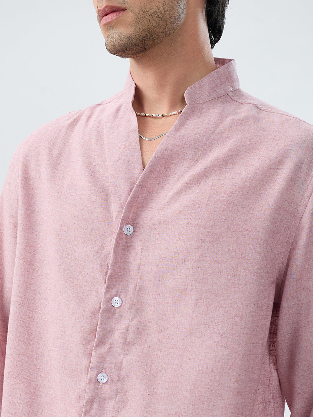Han Pink Linen Blend Stand-Collar Oversized Shirt