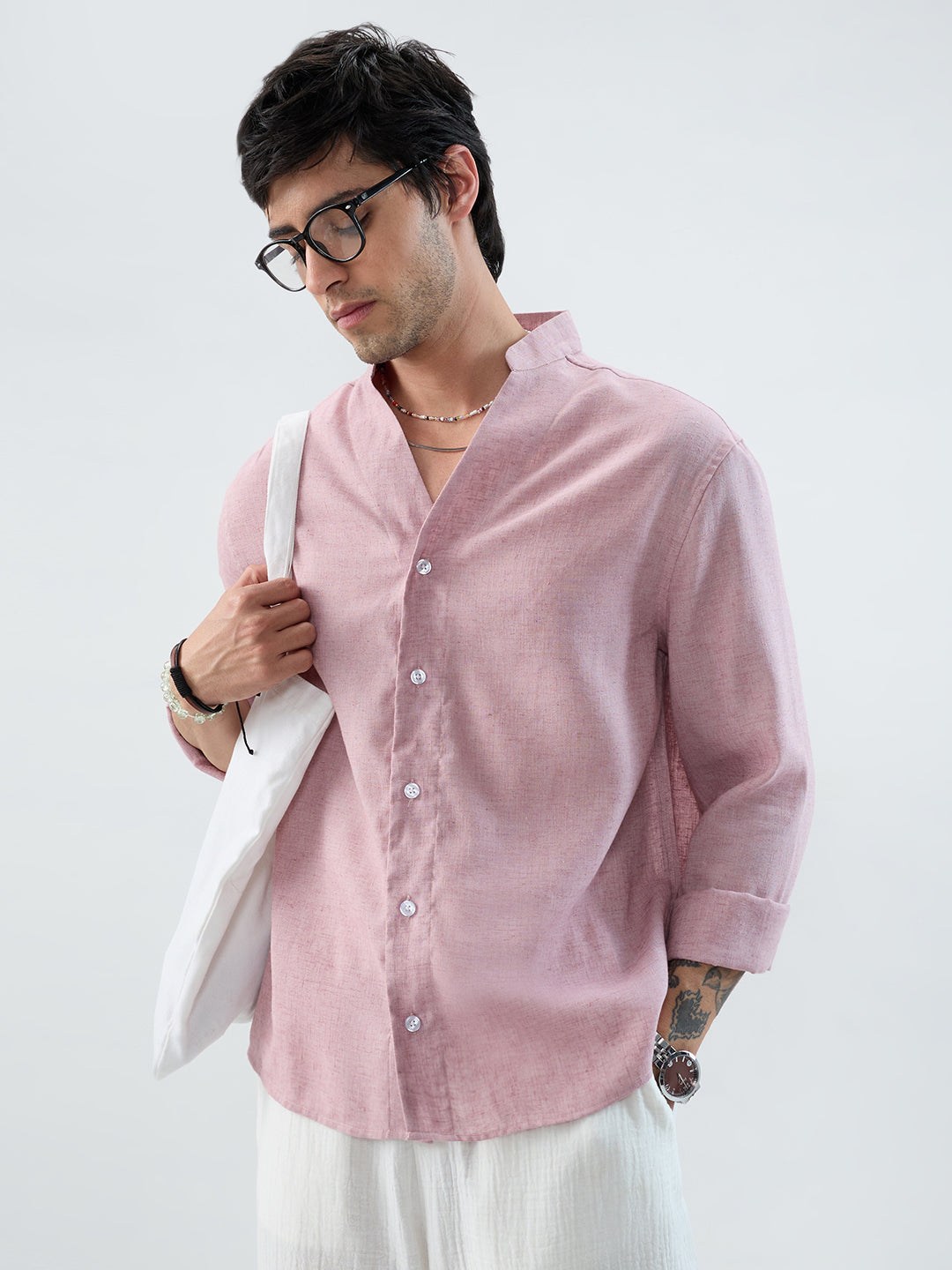 Han Pink Linen Blend Stand-Collar Oversized Shirt