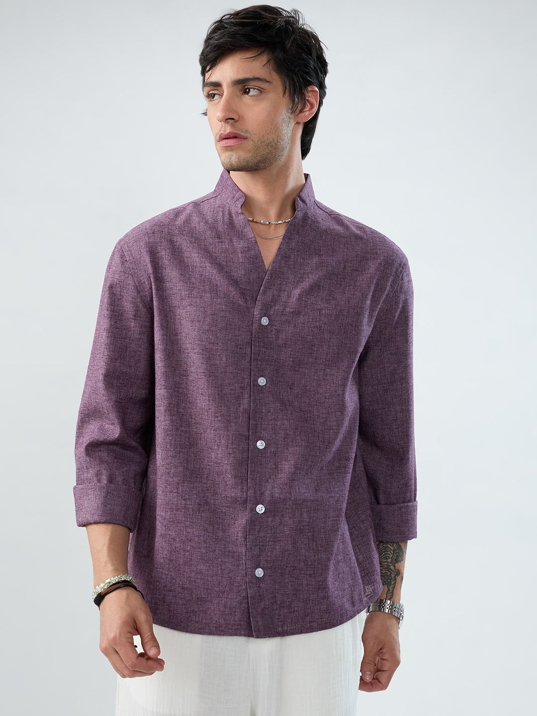 Rich Aubergine Purple Linen Blend Stand-Collar Oversized Shirt
