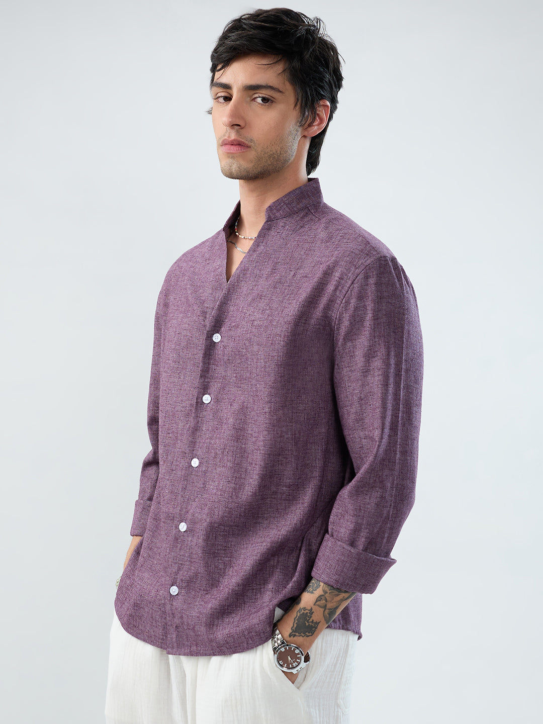 Rich Aubergine Purple Linen Blend Stand-Collar Oversized Shirt
