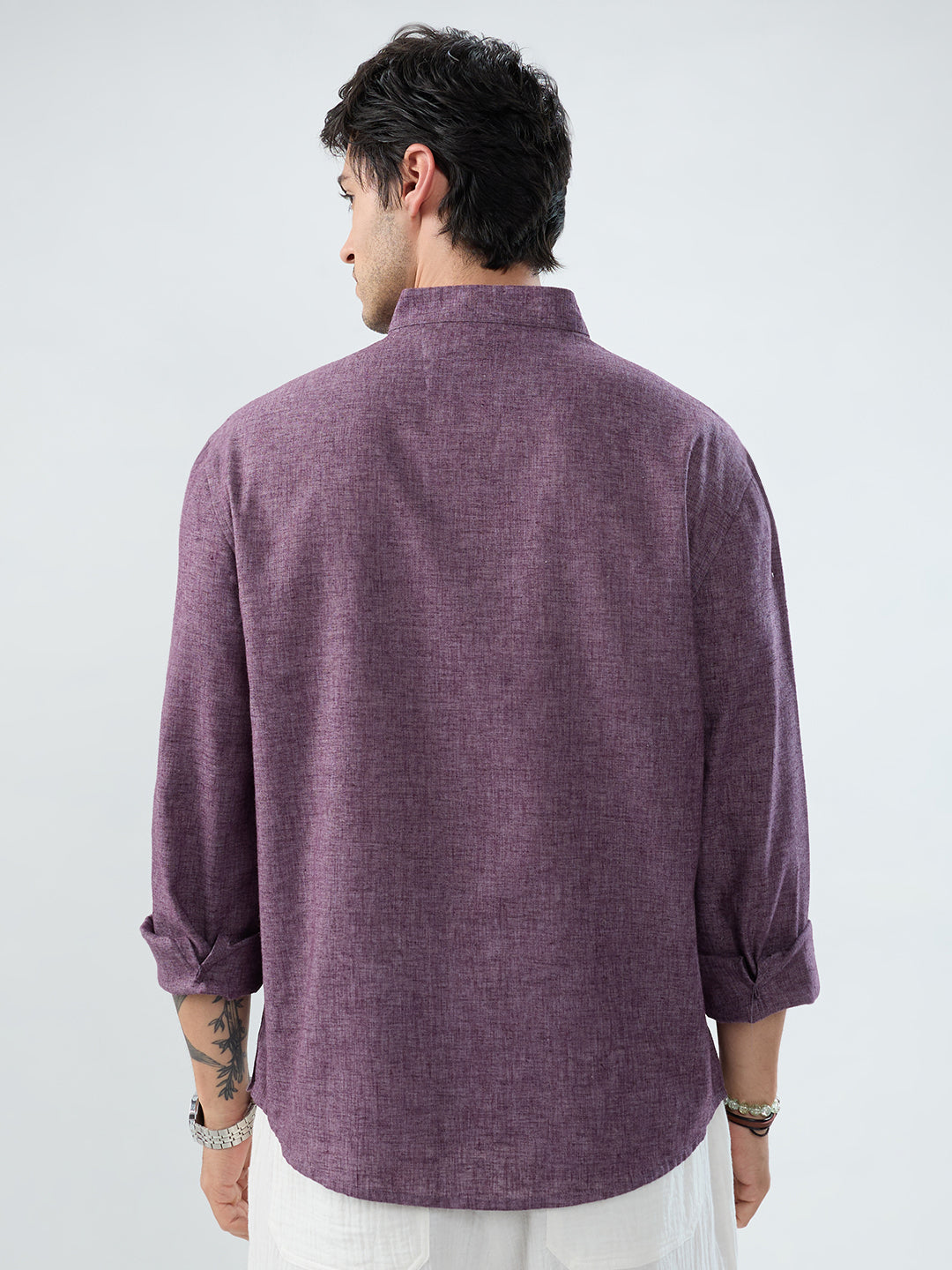 Rich Aubergine Purple Linen Blend Stand-Collar Oversized Shirt
