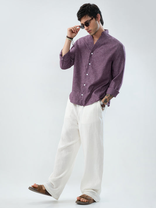 Rich Aubergine Purple Linen Blend Stand-Collar Oversized Shirt