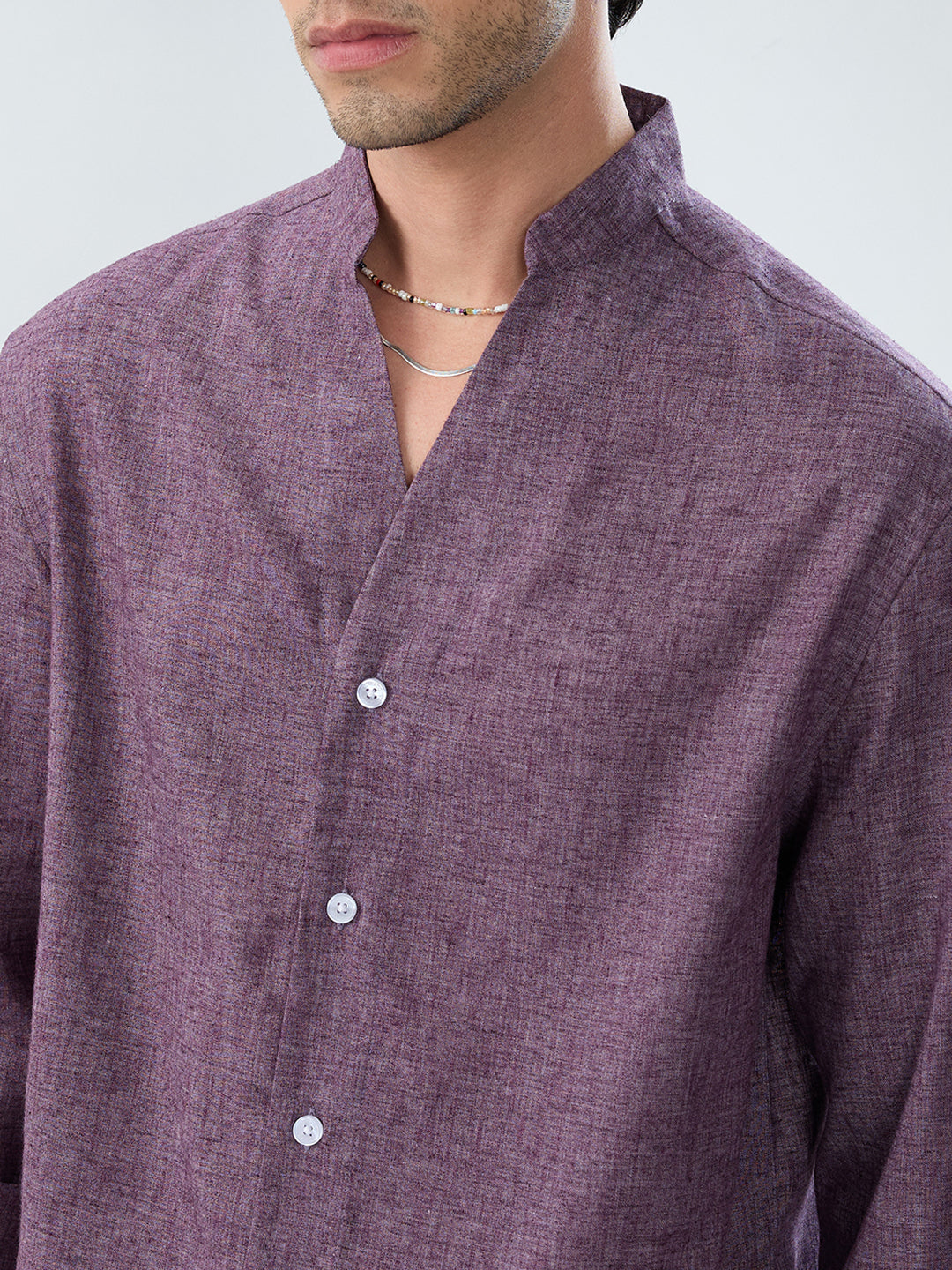 Rich Aubergine Purple Linen Blend Stand-Collar Oversized Shirt