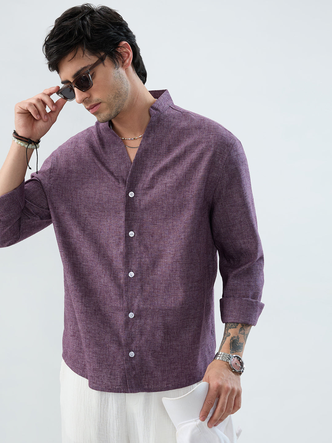 Rich Aubergine Purple Linen Blend Stand-Collar Oversized Shirt