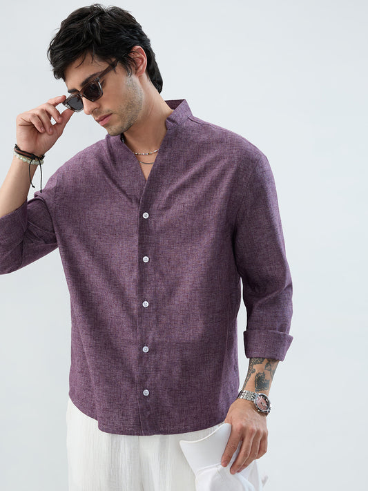 Rich Aubergine Purple Linen Blend Stand-Collar Oversized Shirt