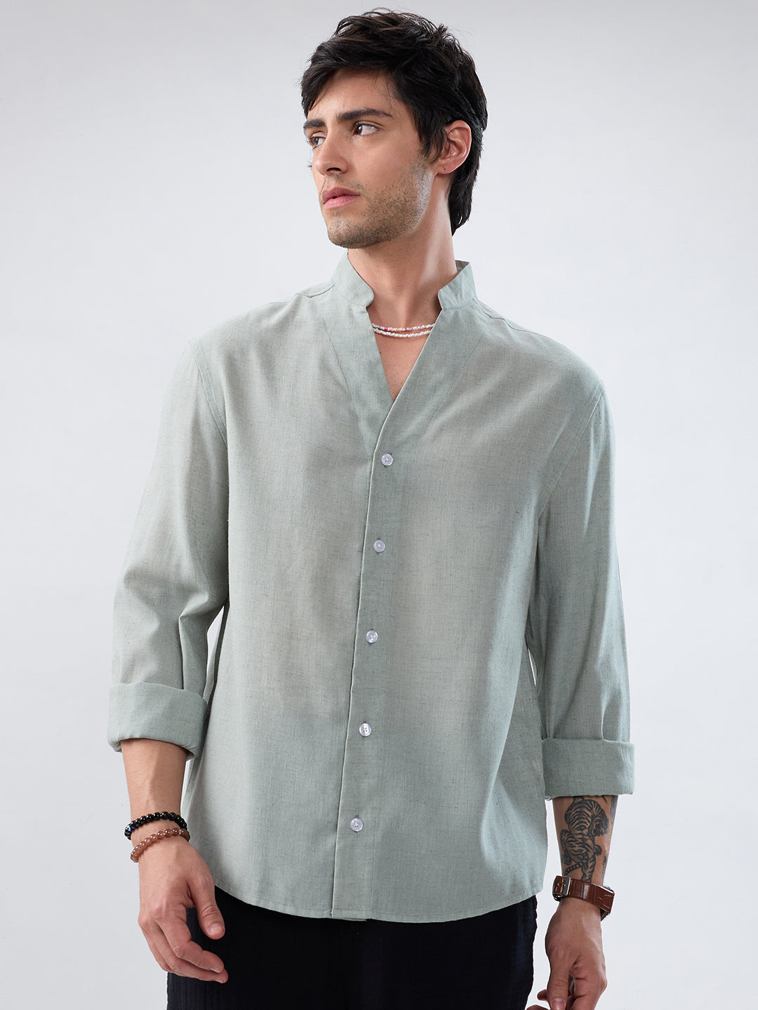 Premium Seafoam Green Linen Blend Stand-Collar Oversized Shirt