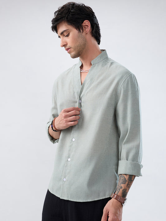 Premium Seafoam Green Linen Blend Stand-Collar Oversized Shirt