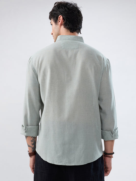 Premium Seafoam Green Linen Blend Stand-Collar Oversized Shirt