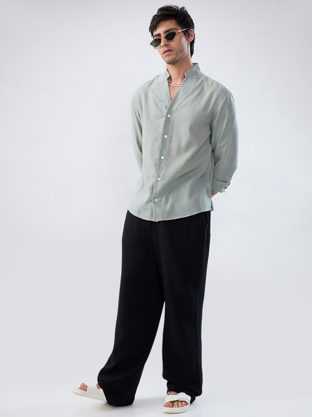 Premium Seafoam Green Linen Blend Stand-Collar Oversized Shirt