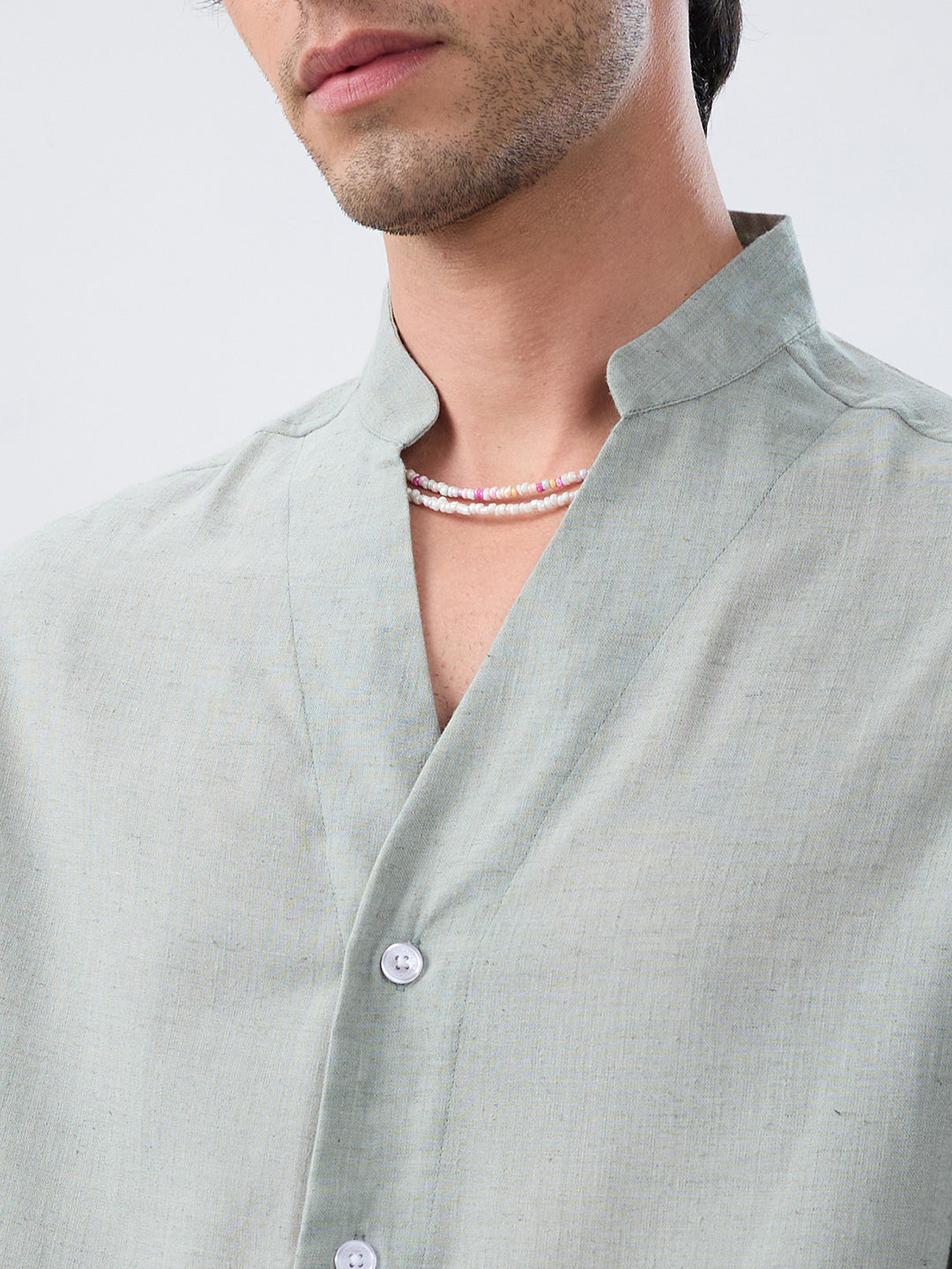 Premium Seafoam Green Linen Blend Stand-Collar Oversized Shirt
