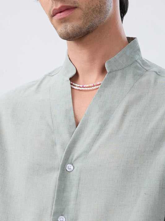 Premium Seafoam Green Linen Blend Stand-Collar Oversized Shirt