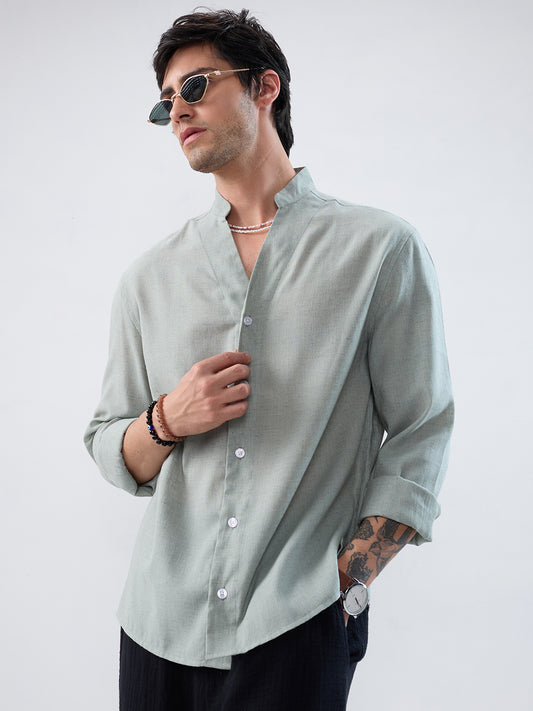 Premium Seafoam Green Linen Blend Stand-Collar Oversized Shirt