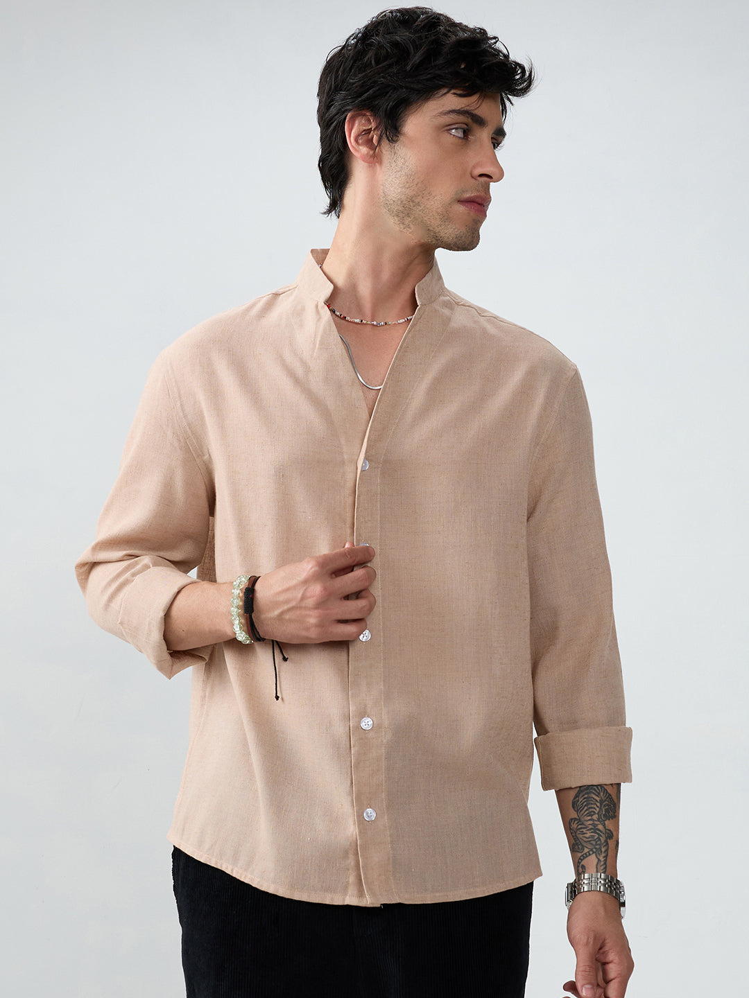 Premium Tan Beige Linen Blend Stand-Collar Oversized Shirt