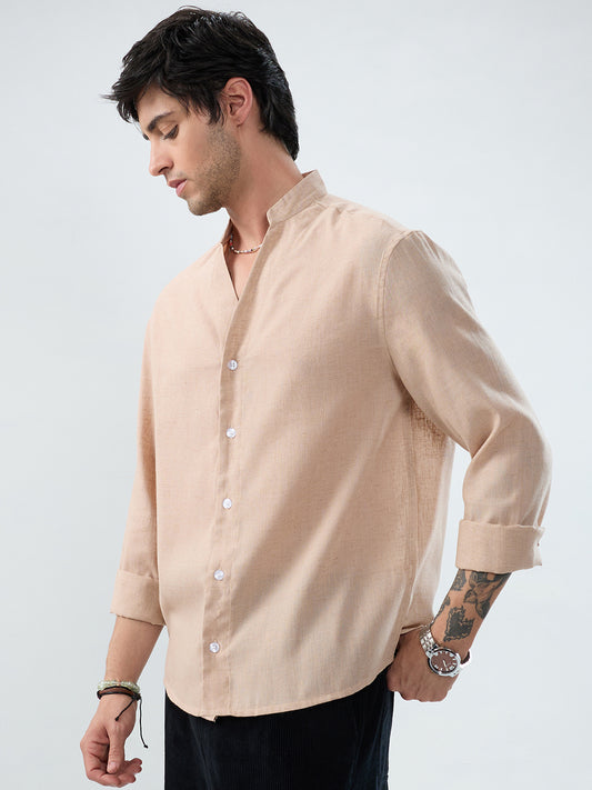 Premium Tan Beige Linen Blend Stand-Collar Oversized Shirt