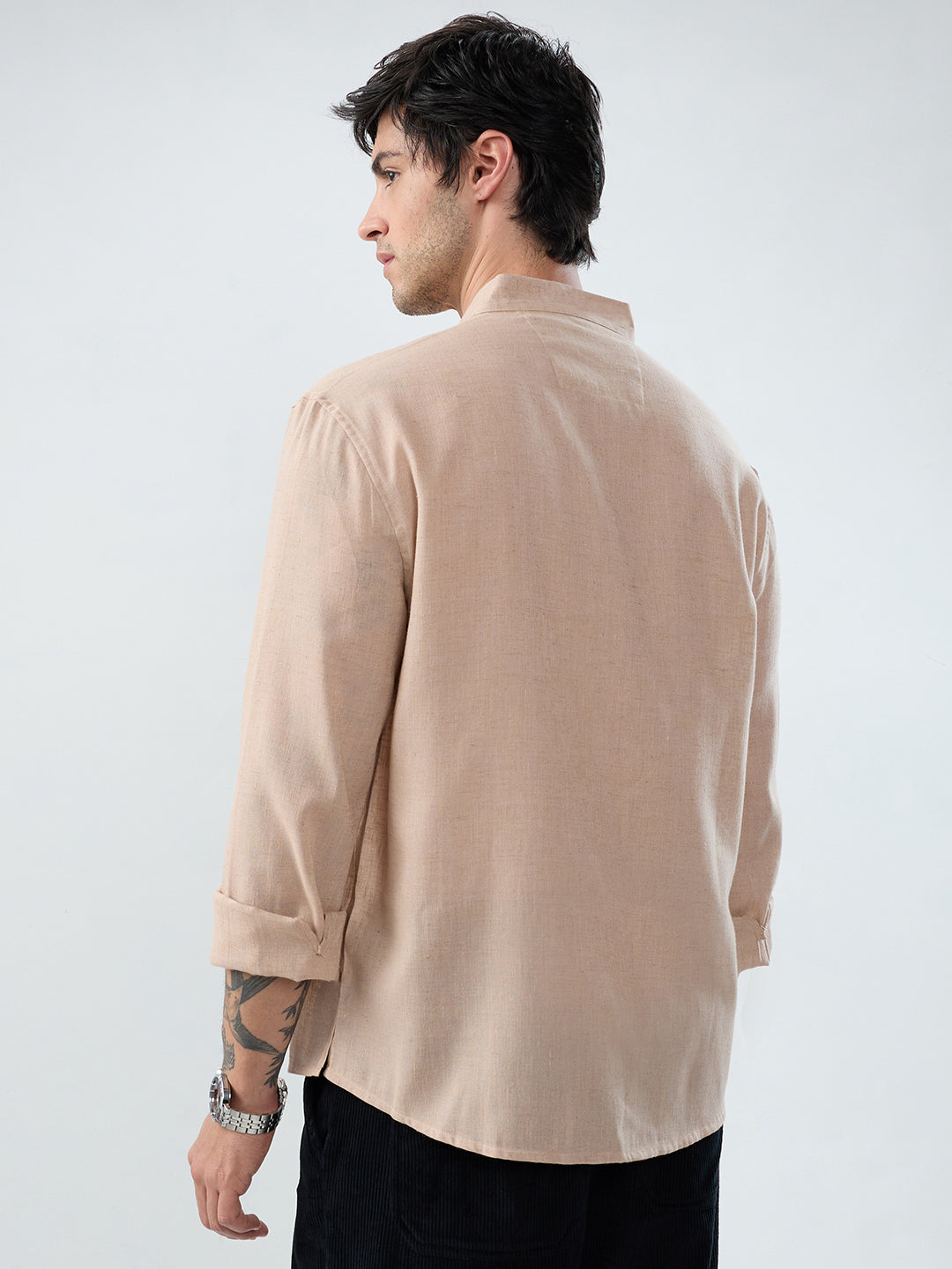 Premium Tan Beige Linen Blend Stand-Collar Oversized Shirt