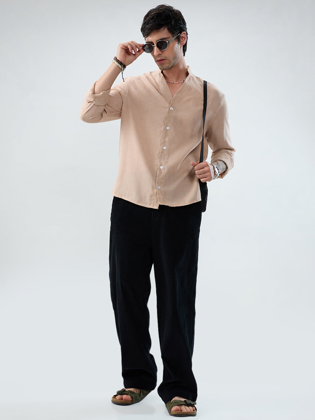 Premium Tan Beige Linen Blend Stand-Collar Oversized Shirt