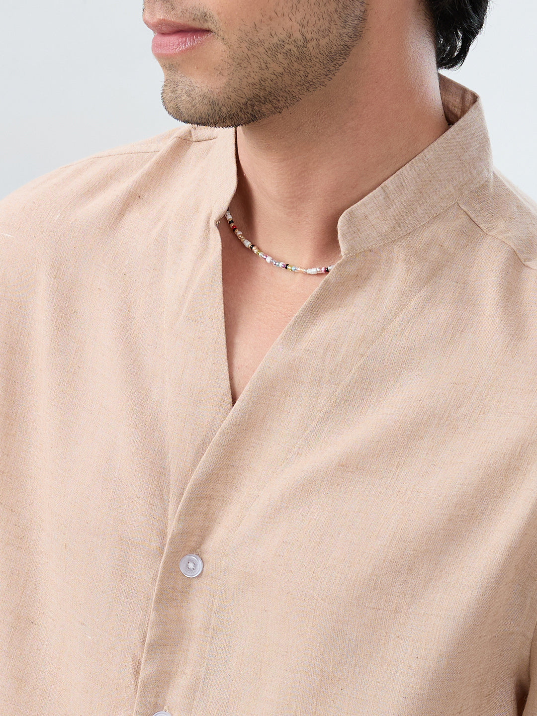Premium Tan Beige Linen Blend Stand-Collar Oversized Shirt