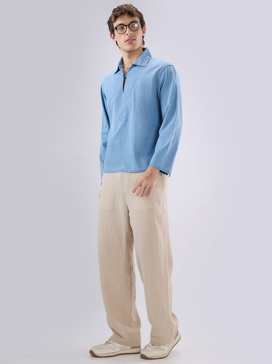 Blue Breeze Soft-Denim Cuffless Oversized Shirt