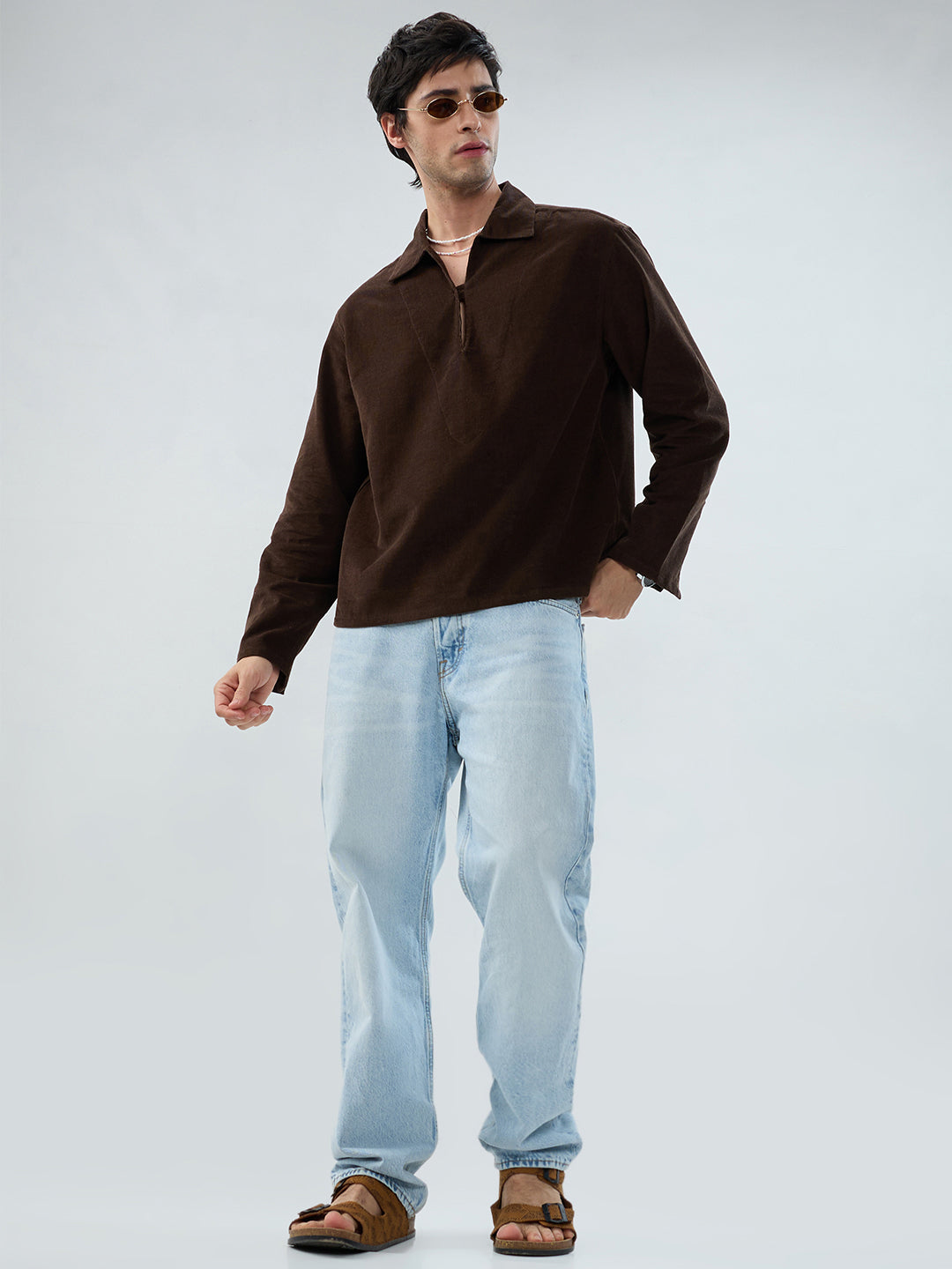 Carob Brown Corduroy Cuffless Oversized Shirt