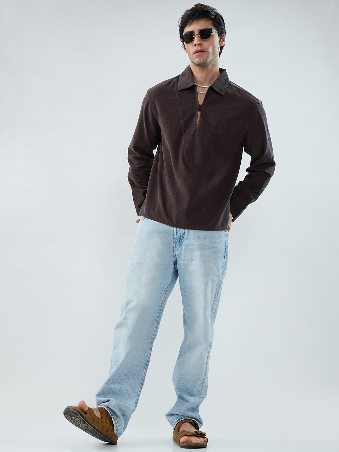 Charcoal Grey Corduroy Cuffless Oversized Shirt