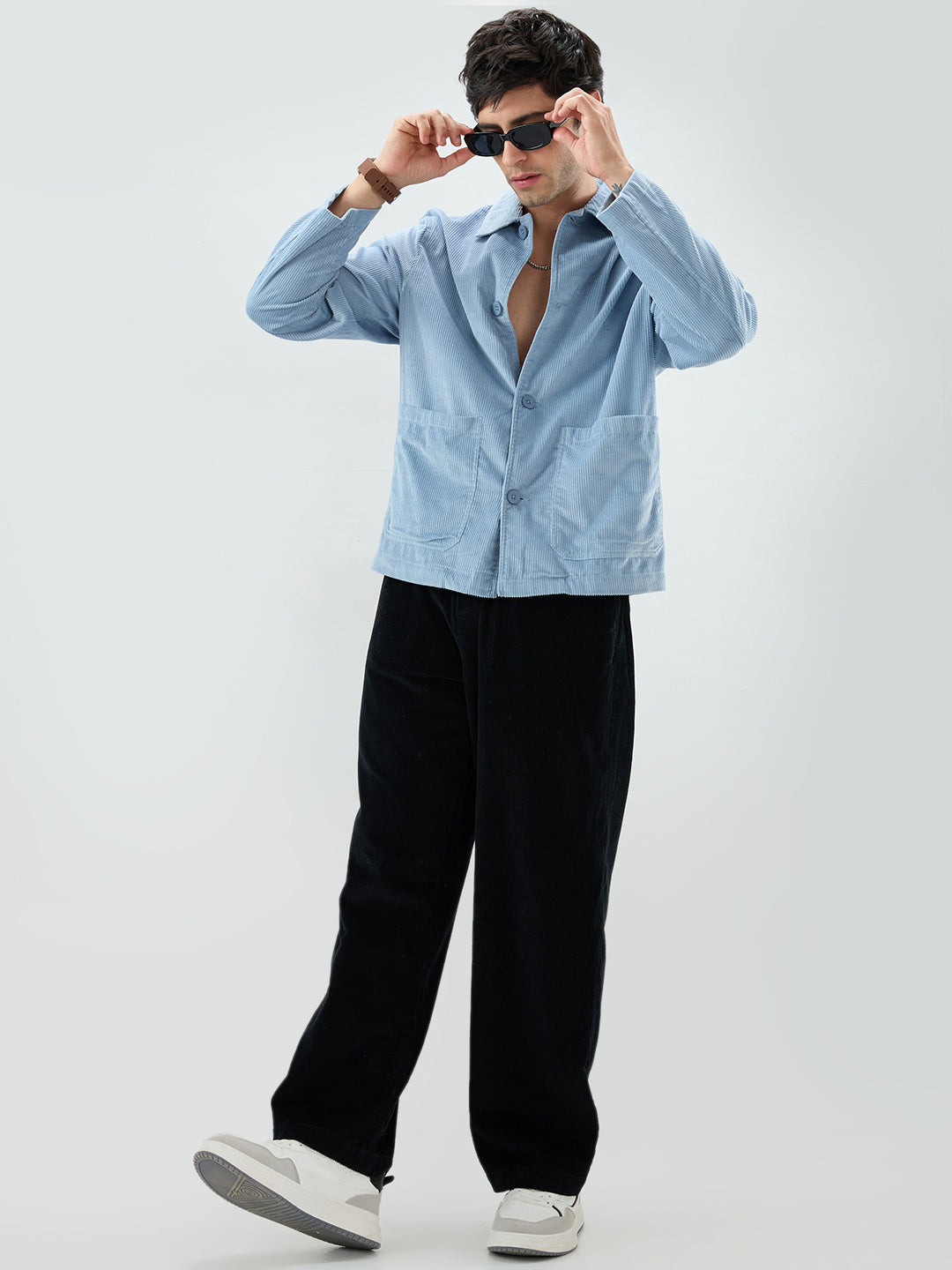 Exquisite Blue Corduroy Double Pocket Oversized Shacket