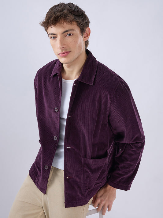 Exquisite Wine Corduroy Double Pocket Oversized Shacket
