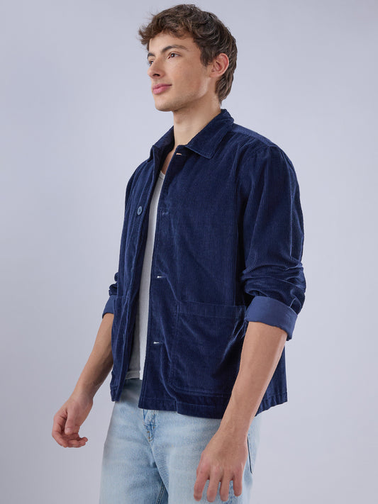 Exquisite Navy Corduroy Double Pocket Oversized Shacket