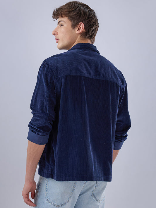 Exquisite Navy Corduroy Double Pocket Oversized Shacket