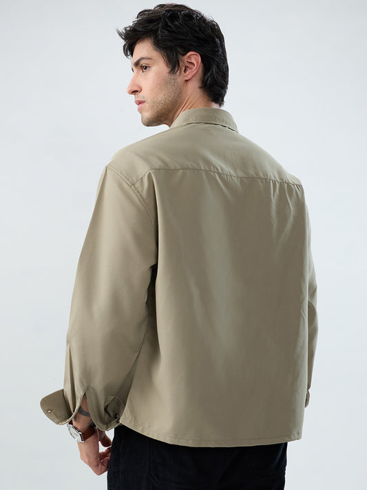 Refined Olive Mist Soft-Weave Boxy Fit Crop Shirt